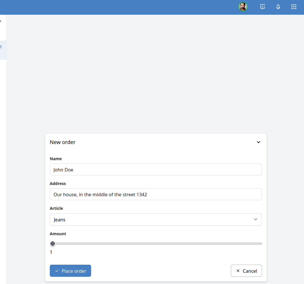 Place order form rendered in the inbox